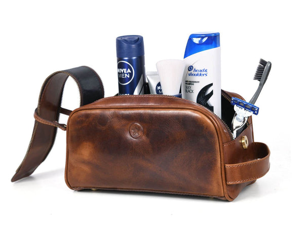 Omaha Leather Toiletry Bag - Hickory Brown - Aaron Leather Goods