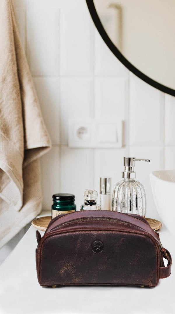 Omaha Leather Toiletry Bag - Walnut Brown - Aaron Leather Goods