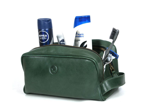Tampa Leather Toiletry Bag - Fossil Green - Aaron Leather Goods