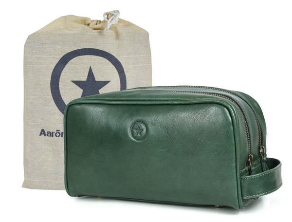 Tampa Leather Toiletry Bag - Fossil Green - Aaron Leather Goods