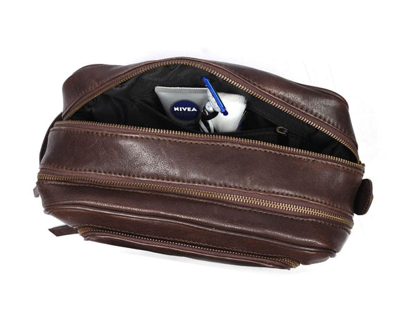 Barcelona Leather Toiletry Bag - Walnut Brown - Aaron Leather Goods