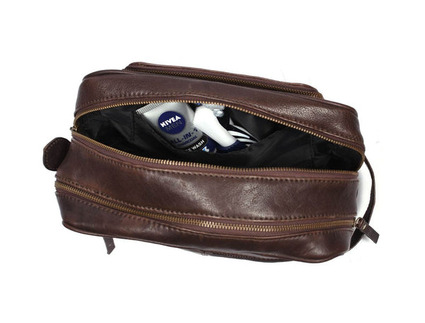 Barcelona Leather Toiletry Bag - Walnut Brown - Aaron Leather Goods
