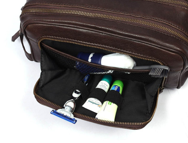 Barcelona Leather Toiletry Bag - Walnut Brown - Aaron Leather Goods