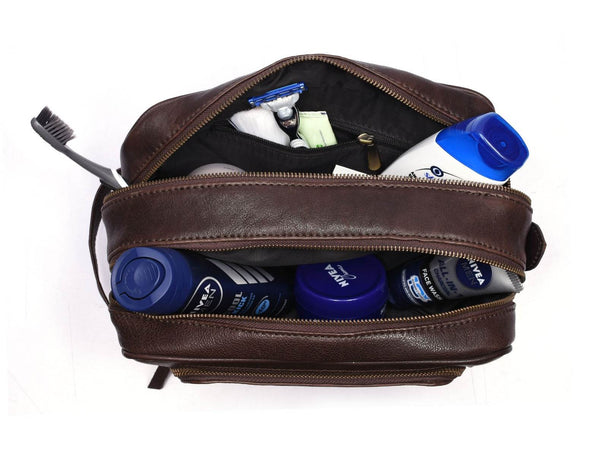 Barcelona Leather Toiletry Bag - Walnut Brown - Aaron Leather Goods