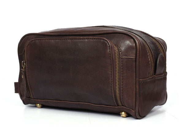 Barcelona Leather Toiletry Bag - Walnut Brown - Aaron Leather Goods