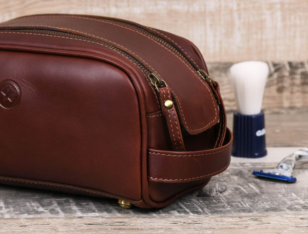 Omaha Leather Toiletry Bag - Pecan Brown - Aaron Leather Goods