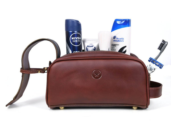 Omaha Leather Toiletry Bag - Pecan Brown - Aaron Leather Goods