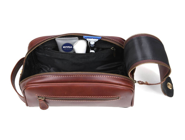 Omaha Leather Toiletry Bag - Pecan Brown - Aaron Leather Goods