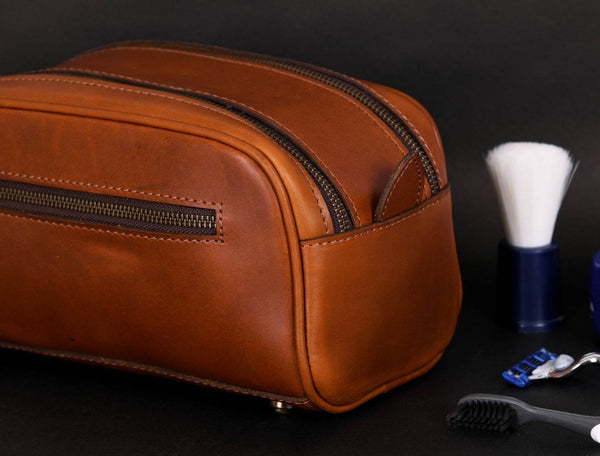 Omaha Leather Toiletry Bag - Cinnamon Brown - Aaron Leather Goods