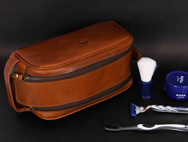 Omaha Leather Toiletry Bag - Cinnamon Brown - Aaron Leather Goods