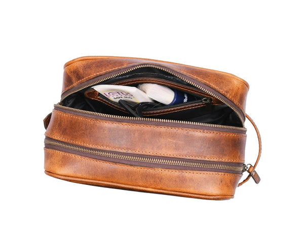 Tampa Leather Toiletry Bag - Caramel Brown - Aaron Leather Goods