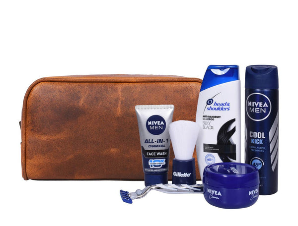 Tampa Leather Toiletry Bag - Caramel Brown - Aaron Leather Goods