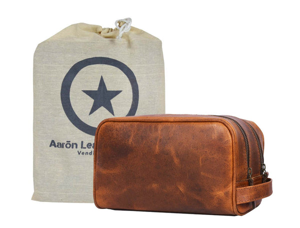 Tampa Leather Toiletry Bag - Caramel Brown - Aaron Leather Goods