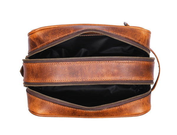 Tampa Leather Toiletry Bag - Caramel Brown - Aaron Leather Goods