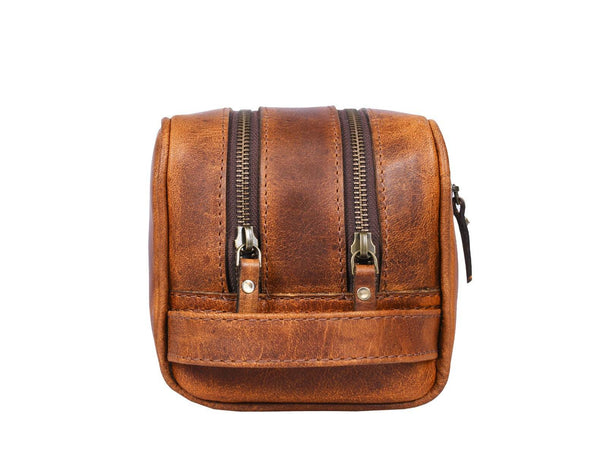 Tampa Leather Toiletry Bag - Caramel Brown - Aaron Leather Goods