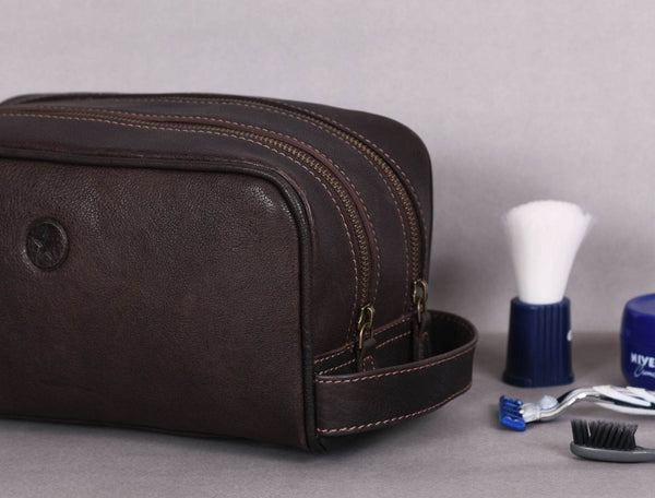 Tampa Leather Toiletry Bag - Hickory Brown - Aaron Leather Goods