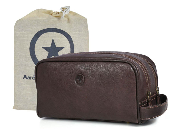 Tampa Leather Toiletry Bag - Hickory Brown - Aaron Leather Goods
