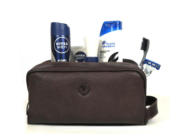 Tampa Leather Toiletry Bag - Hickory Brown - Aaron Leather Goods