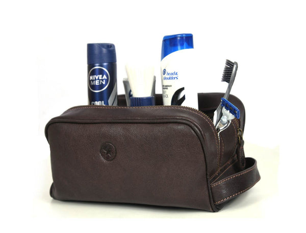 Tampa Leather Toiletry Bag - Hickory Brown - Aaron Leather Goods