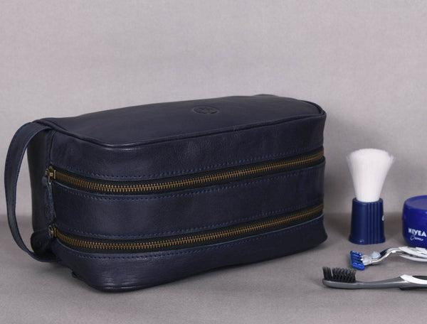 Tampa Leather Toiletry Bag - Navy Blue - Aaron Leather Goods