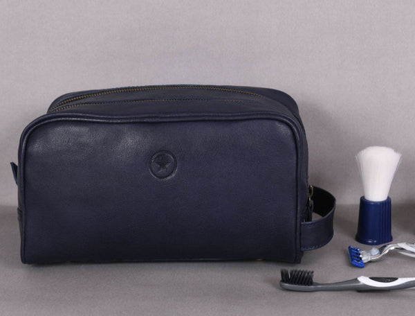 Tampa Leather Toiletry Bag - Navy Blue - Aaron Leather Goods