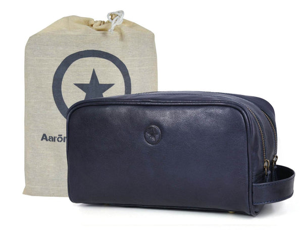 Tampa Leather Toiletry Bag - Navy Blue - Aaron Leather Goods