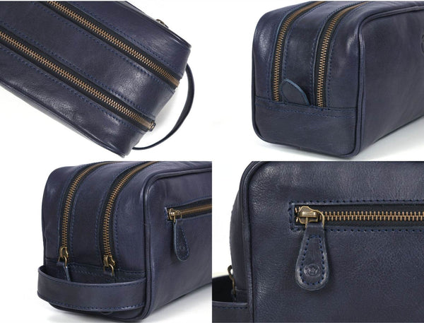 Tampa Leather Toiletry Bag - Navy Blue - Aaron Leather Goods