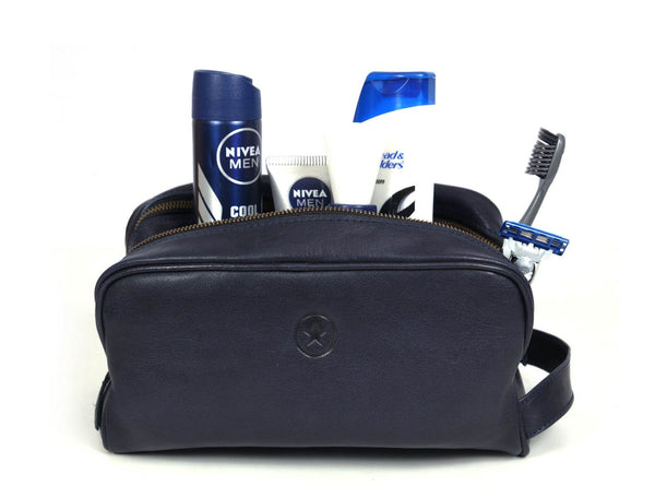Tampa Leather Toiletry Bag - Navy Blue - Aaron Leather Goods