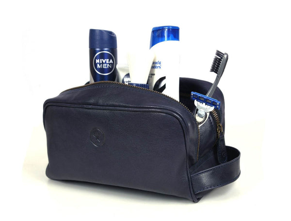 Tampa Leather Toiletry Bag - Navy Blue - Aaron Leather Goods
