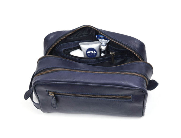 Tampa Leather Toiletry Bag - Navy Blue - Aaron Leather Goods