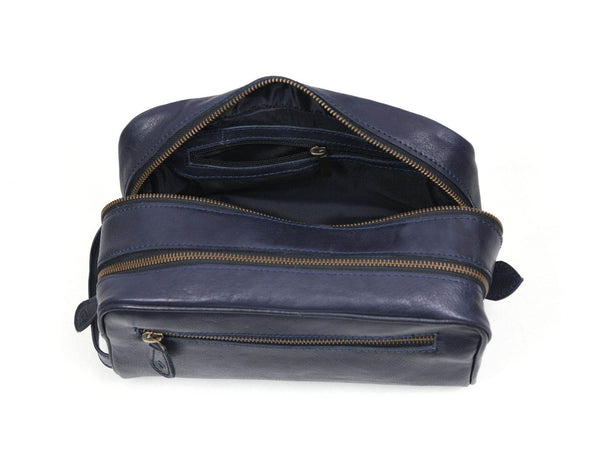 Tampa Leather Toiletry Bag - Navy Blue - Aaron Leather Goods