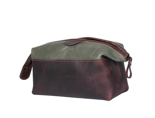Valencia Canvas Leather Toiletry Bag - Distressed Green - Aaron Leather Goods