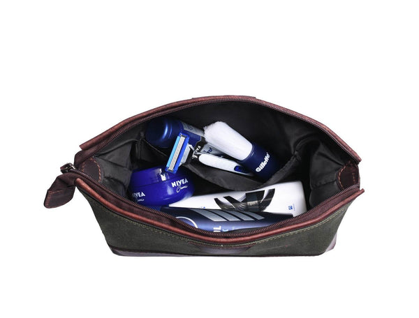 Valencia Canvas Leather Toiletry Bag - Distressed Green - Aaron Leather Goods