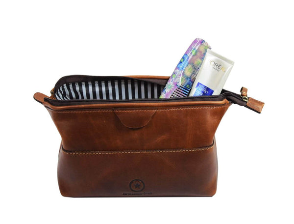 Normandy Leather Toiletry Bag - Caramel Brown - Aaron Leather Goods