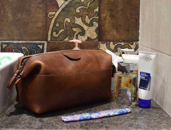 Normandy Leather Toiletry Bag - Caramel Brown - Aaron Leather Goods
