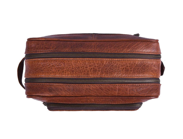 Barcelona Leather Toiletry Bag - Caramel Brown - Aaron Leather Goods