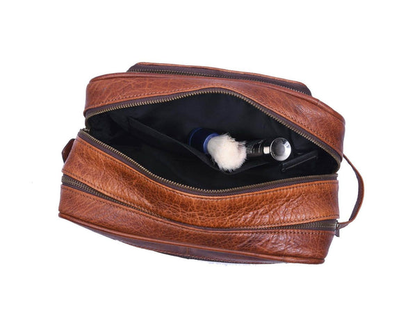 Barcelona Leather Toiletry Bag - Caramel Brown - Aaron Leather Goods