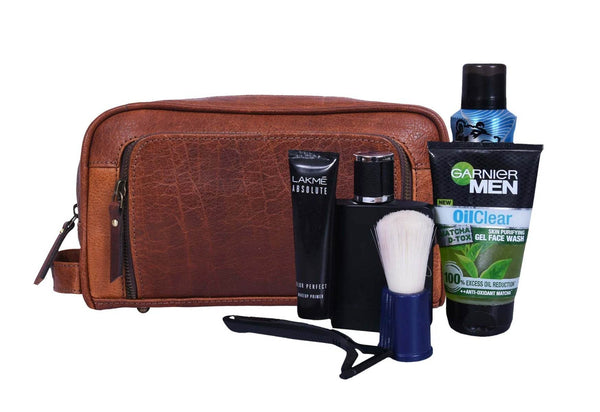 Barcelona Leather Toiletry Bag - Caramel Brown - Aaron Leather Goods