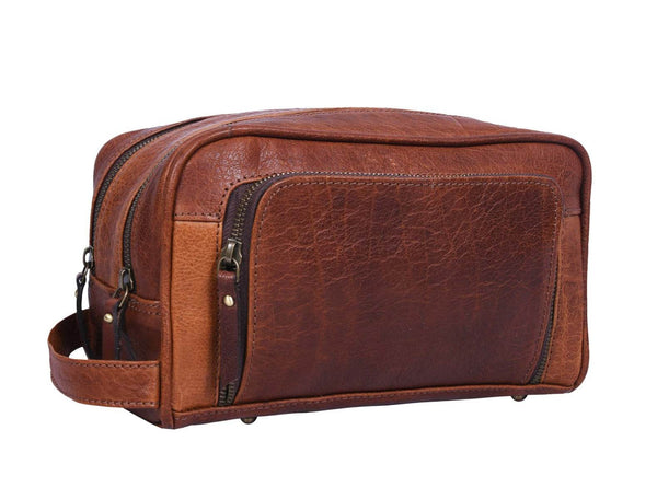 Barcelona Leather Toiletry Bag - Caramel Brown - Aaron Leather Goods