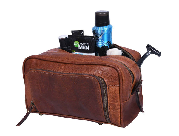 Barcelona Leather Toiletry Bag - Caramel Brown - Aaron Leather Goods