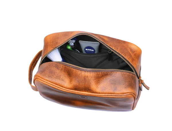 Vacone Leather Toiletry Bag - Caramel Brown - Aaron Leather Goods