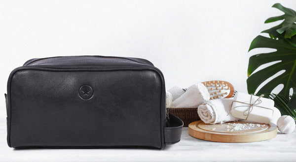 Tampa Leather Toiletry Bag - Raven Black - Aaron Leather Goods