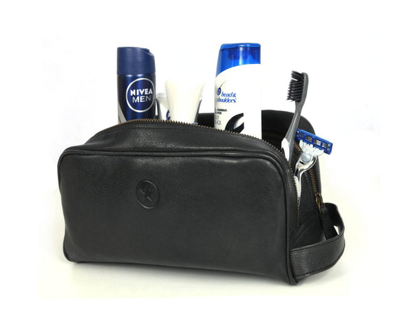 Tampa Leather Toiletry Bag - Raven Black - Aaron Leather Goods