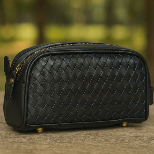Dallas Upcycled Leather Toiletry Bag - Black - Aaron Leather Goods