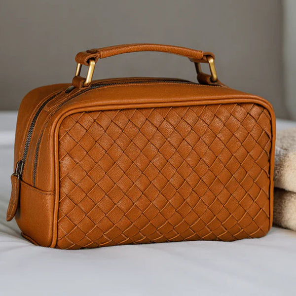 Handwoven Tan Leather Dopp Kit – Dual Zipper Toiletry Bag for Men | Premium Travel Organizer by Aaron Leather Goods - Aaron Leather Goods