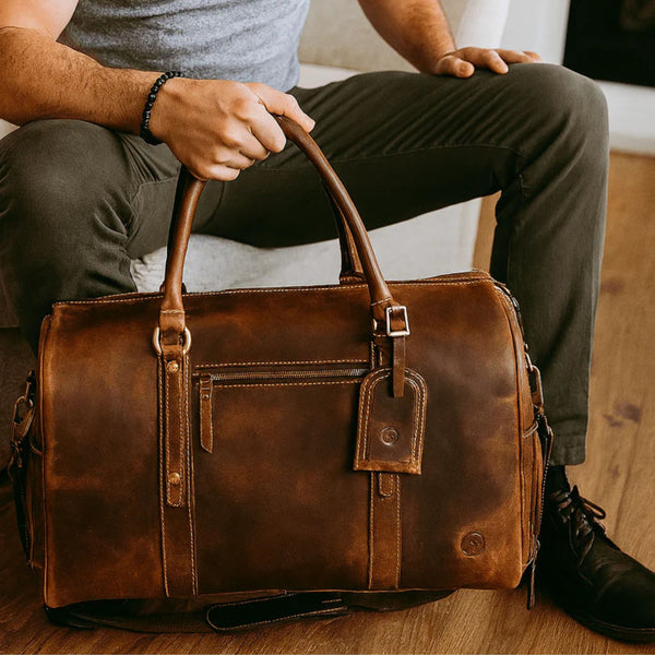Arezzo Leather Overnight Bag - Caramel Brown - Aaron Leather Goods