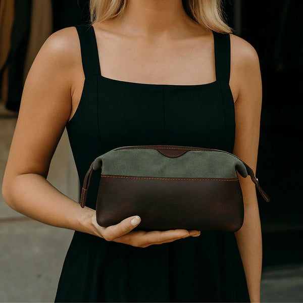 Valencia Canvas Leather Toiletry Bag - Distressed Green - Aaron Leather Goods