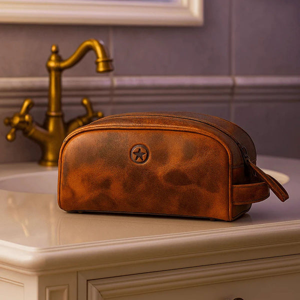 Omaha Leather Toiletry Bag - Caramel Brown - Aaron Leather Goods