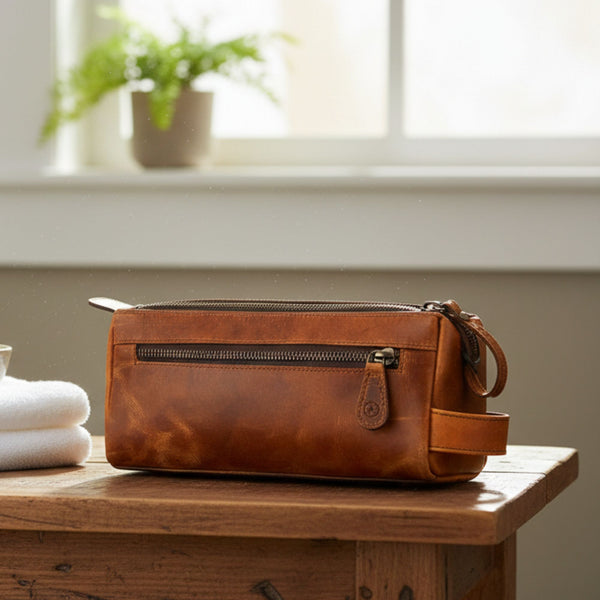 Arousa Leather Toiletry Bag - Caramel Brown - Aaron Leather Goods