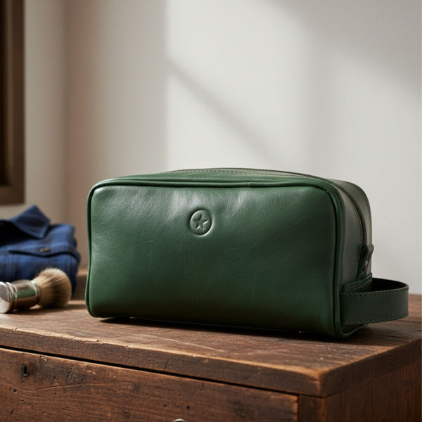 Tampa Leather Toiletry Bag - Fossil Green - Aaron Leather Goods